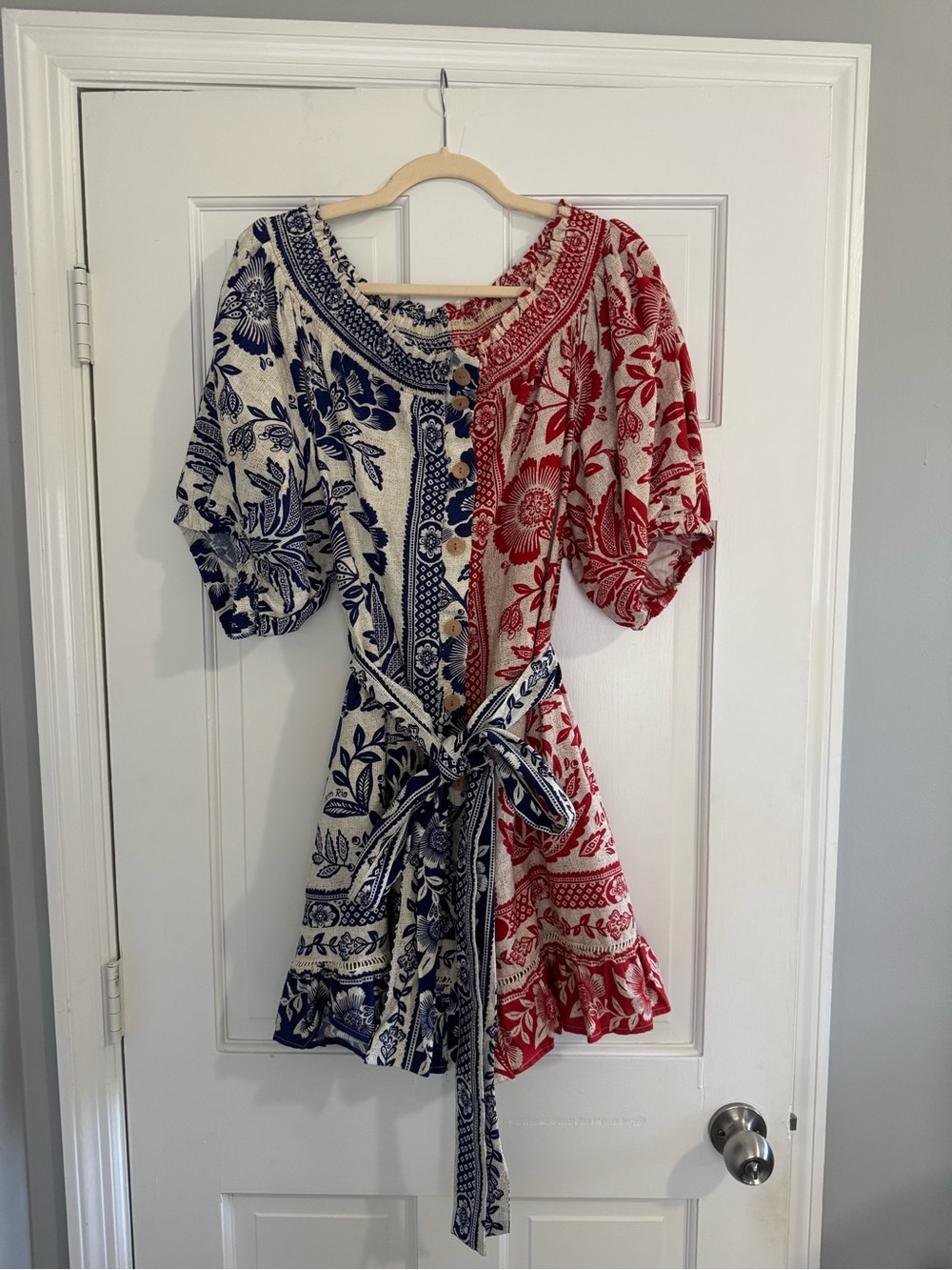 FARM Rio Red and Navy Split-Print Button Mini Dress with Tie